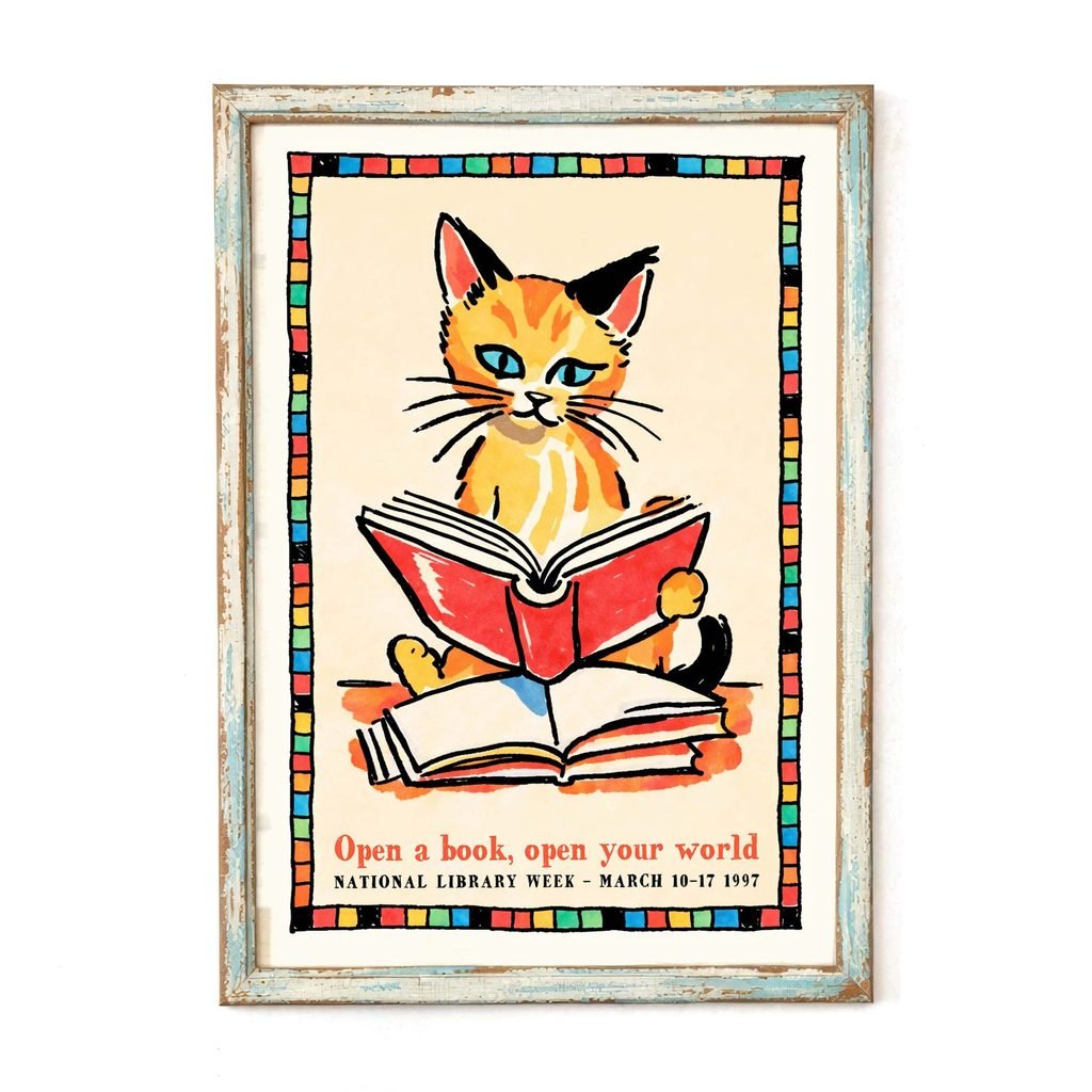 Illustration of a cat reading in a library