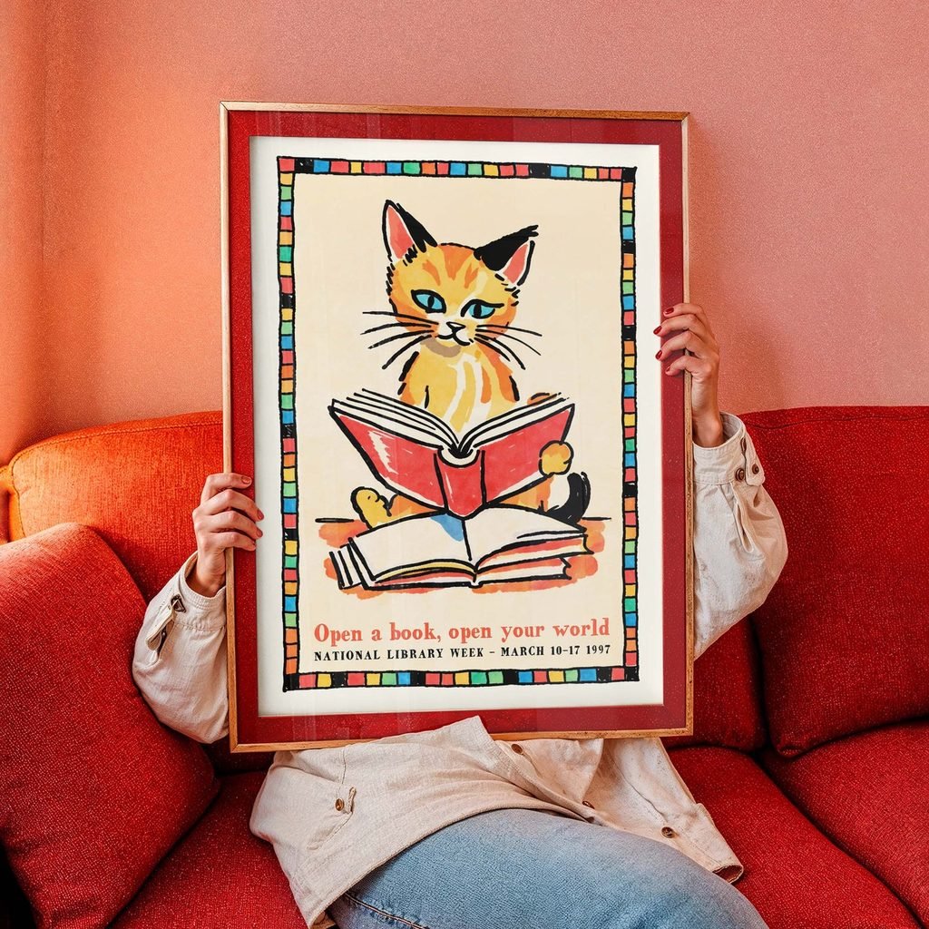 Illustration of a cat reading in a library