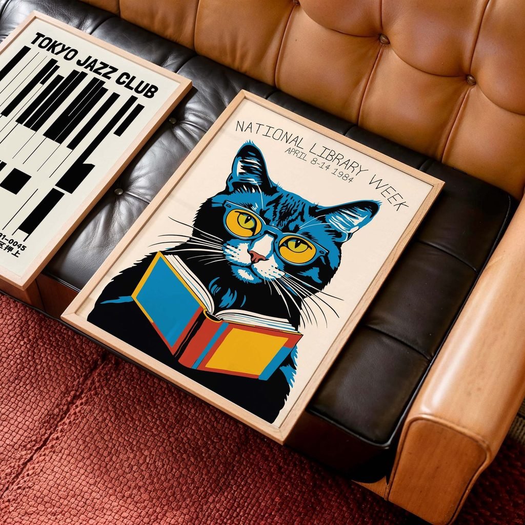 Illustration of a cat wearing glasses while reading