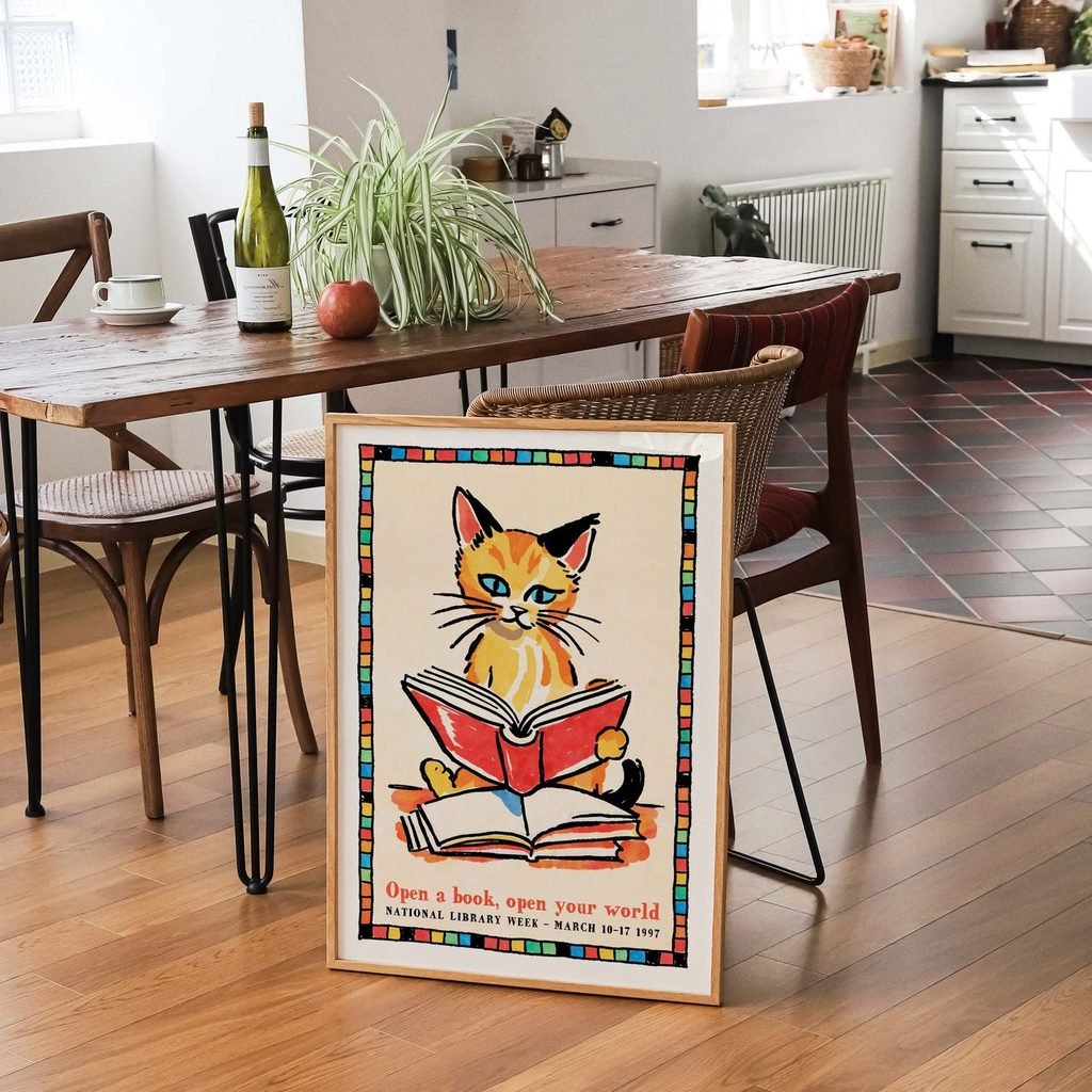 Illustration of a cat reading in a library