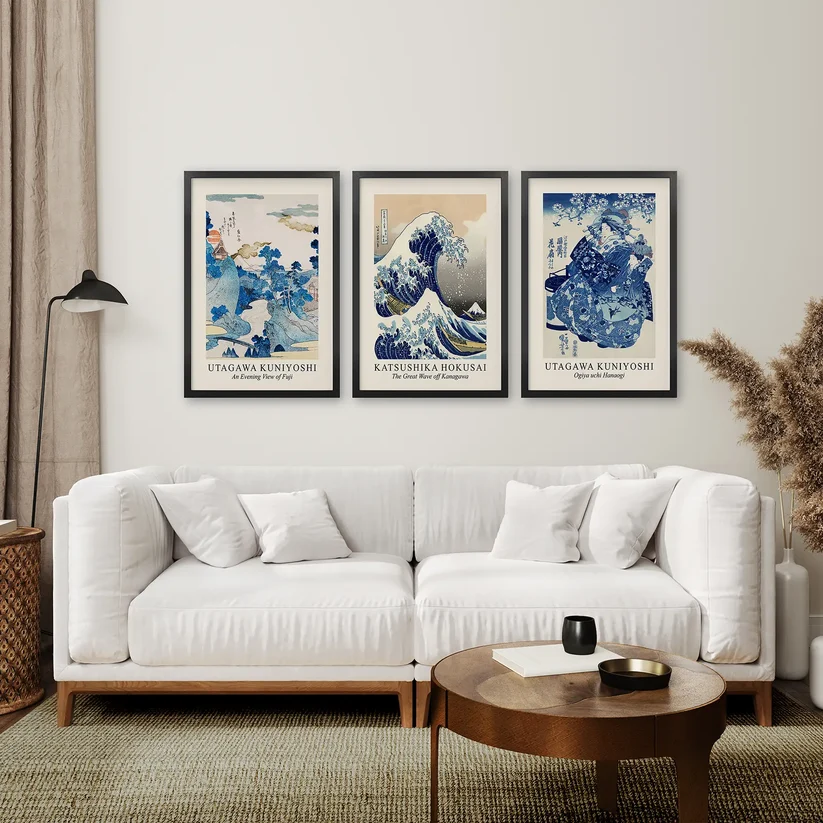 The Great Wave of Kanagawa Set wall art in a living room