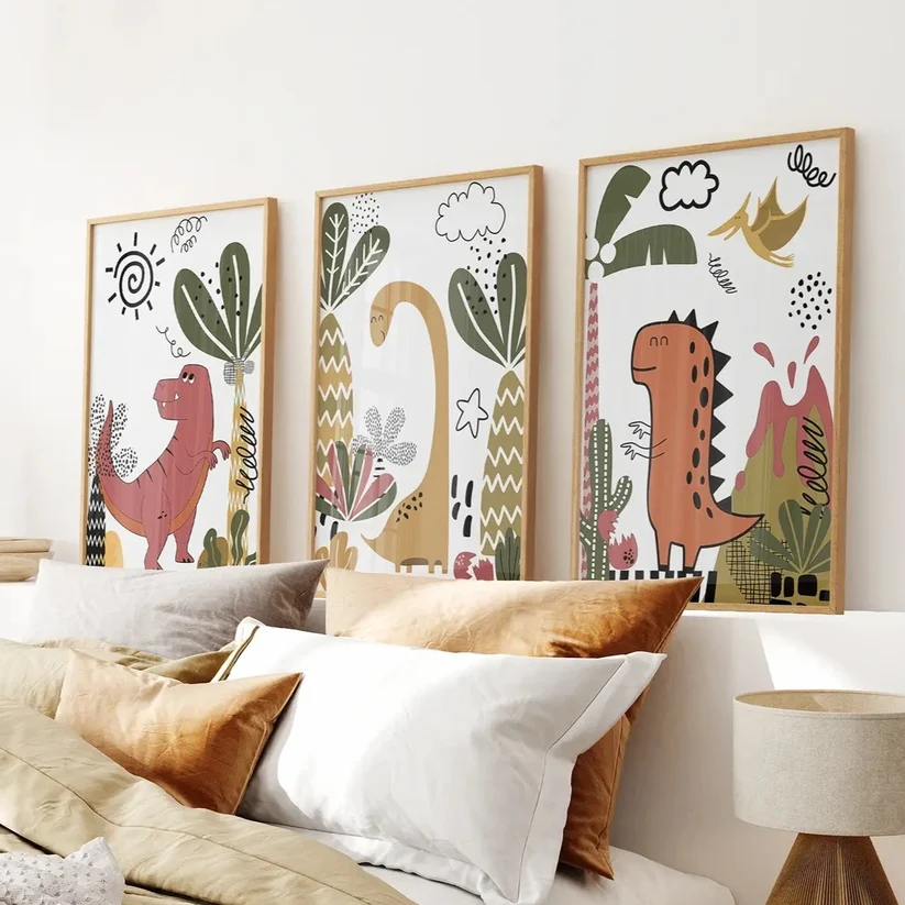 Three-piece boho dinosaur prints with T-Rex and Brontosaurus in thin wood frames
