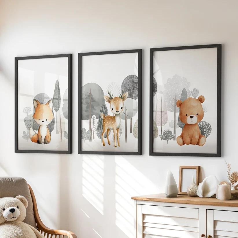 Three-piece woodland animal nursery prints with fox, fawn, and bear above a dresser