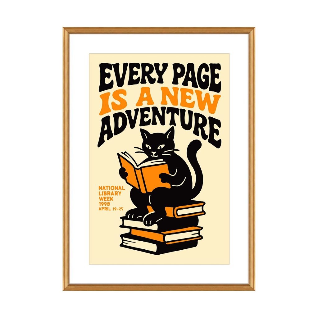 Illustration of a black cat reading a book